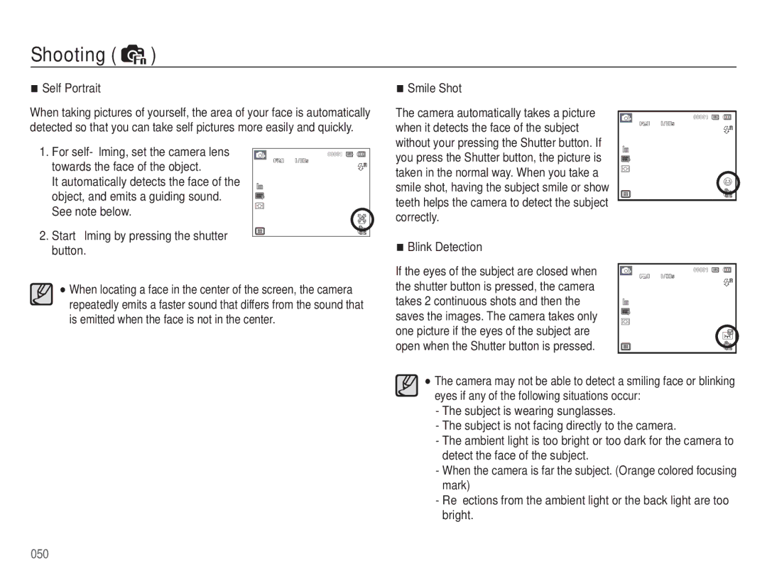 Samsung HZ50W manual Self Portrait, Smile Shot, Blink Detection 