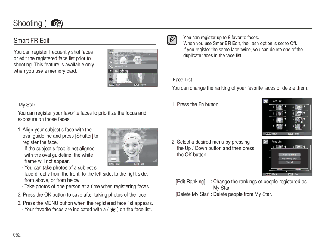 Samsung HZ50W manual Smart FR Edit, Face List, My Star Press the Fn button, Register the face, Frame will not appear 