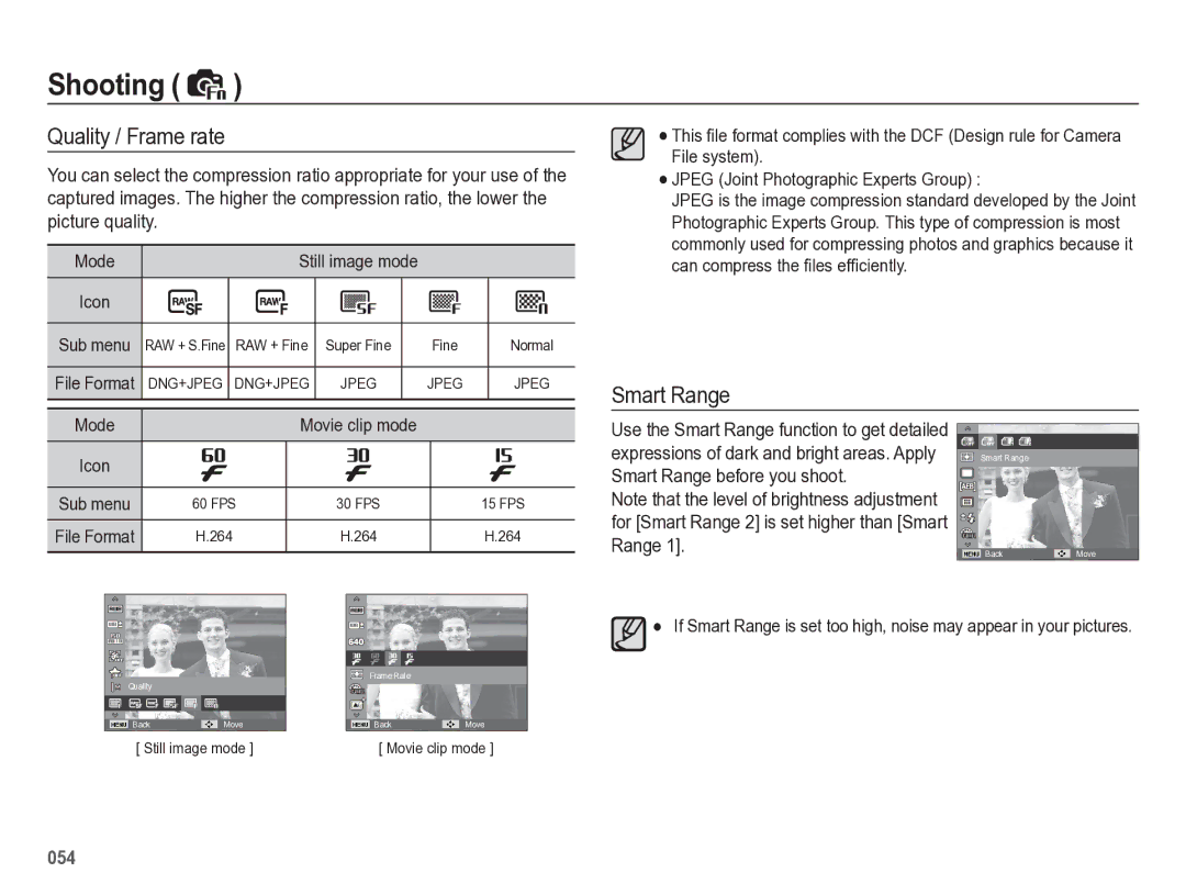 Samsung HZ50W manual Quality / Frame rate, Smart Range, Mode Movie clip mode Icon 