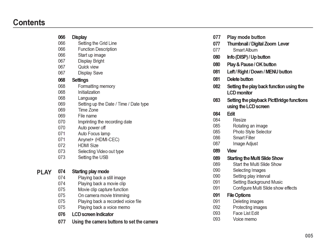 Samsung HZ50W manual Display, Settings, Play 074 Starting play mode, View Starting the Multi Slide Show, File Options 