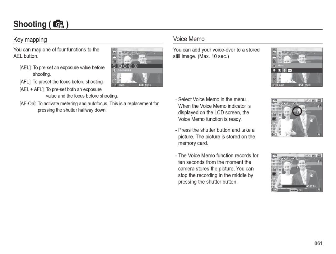 Samsung HZ50W manual Key mapping, Voice Memo, You can map one of four functions to AEL button 