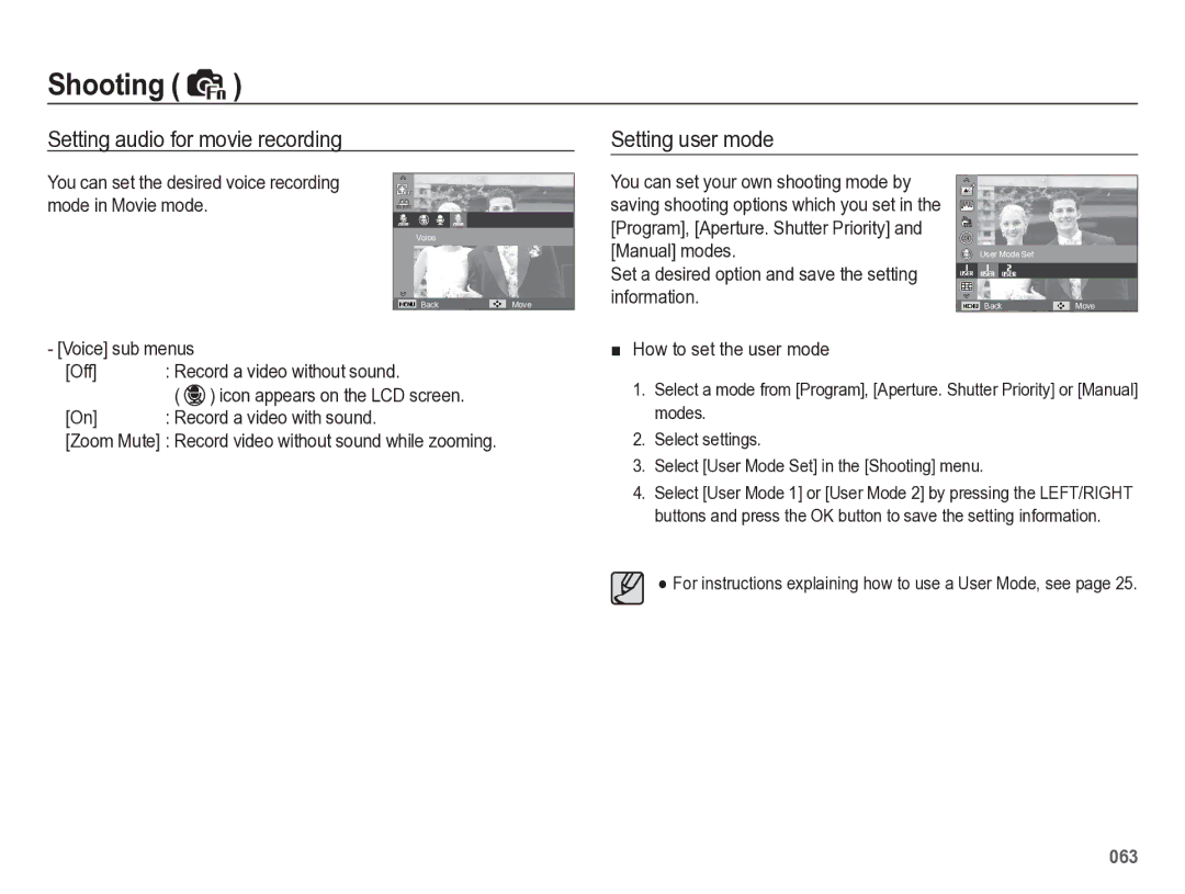 Samsung HZ50W manual Setting audio for movie recording Setting user mode, Voice sub menus Off Record a video without sound 