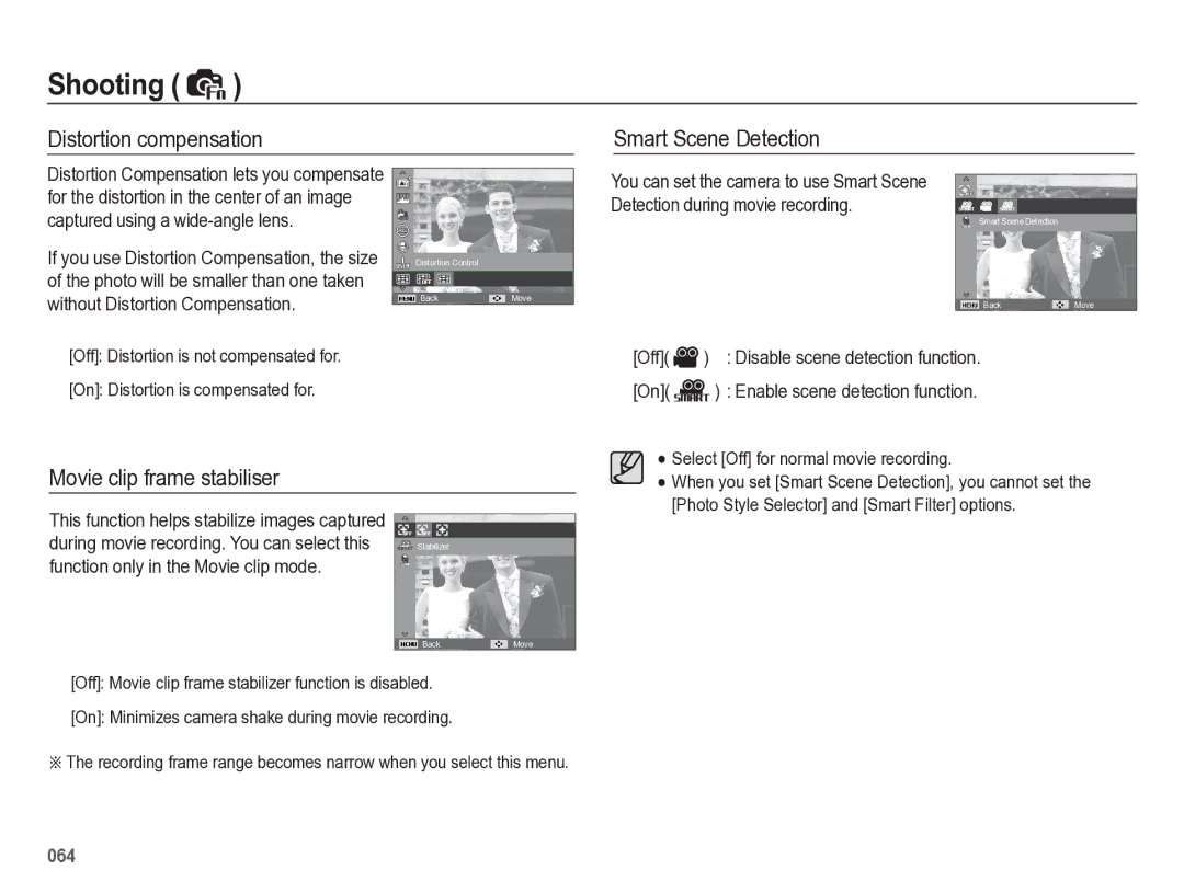 Samsung HZ50W manual Distortion compensation Smart Scene Detection, Movie clip frame stabiliser 