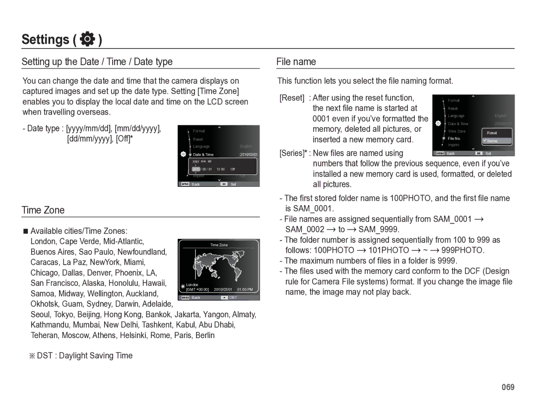 Samsung HZ50W manual Setting up the Date / Time / Date type, Time Zone, File name 