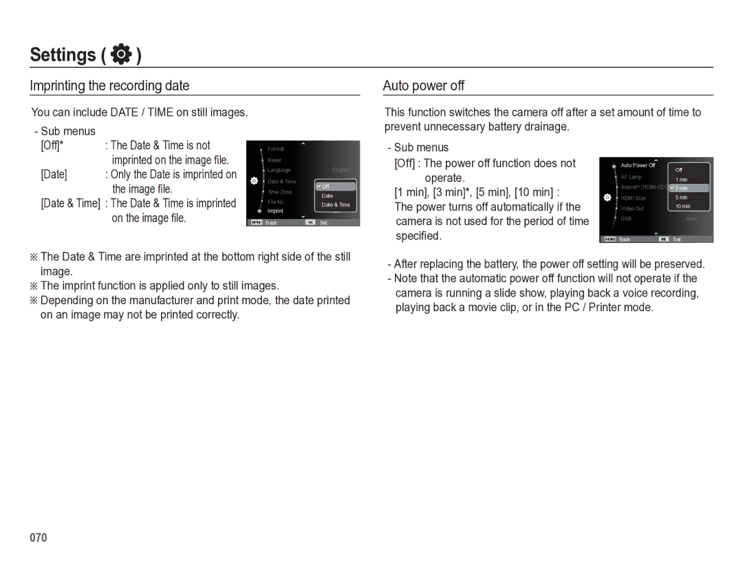 Samsung HZ50W manual Imprinting the recording date Auto power off, Sub menus Off The power off function does not operate 