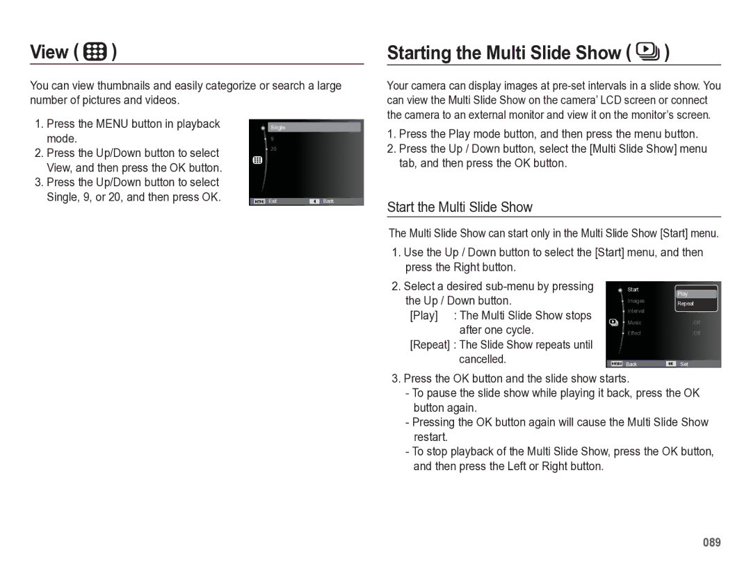 Samsung HZ50W View, Starting the Multi Slide Show, Start the Multi Slide Show, Press the Menu button in playback mode 