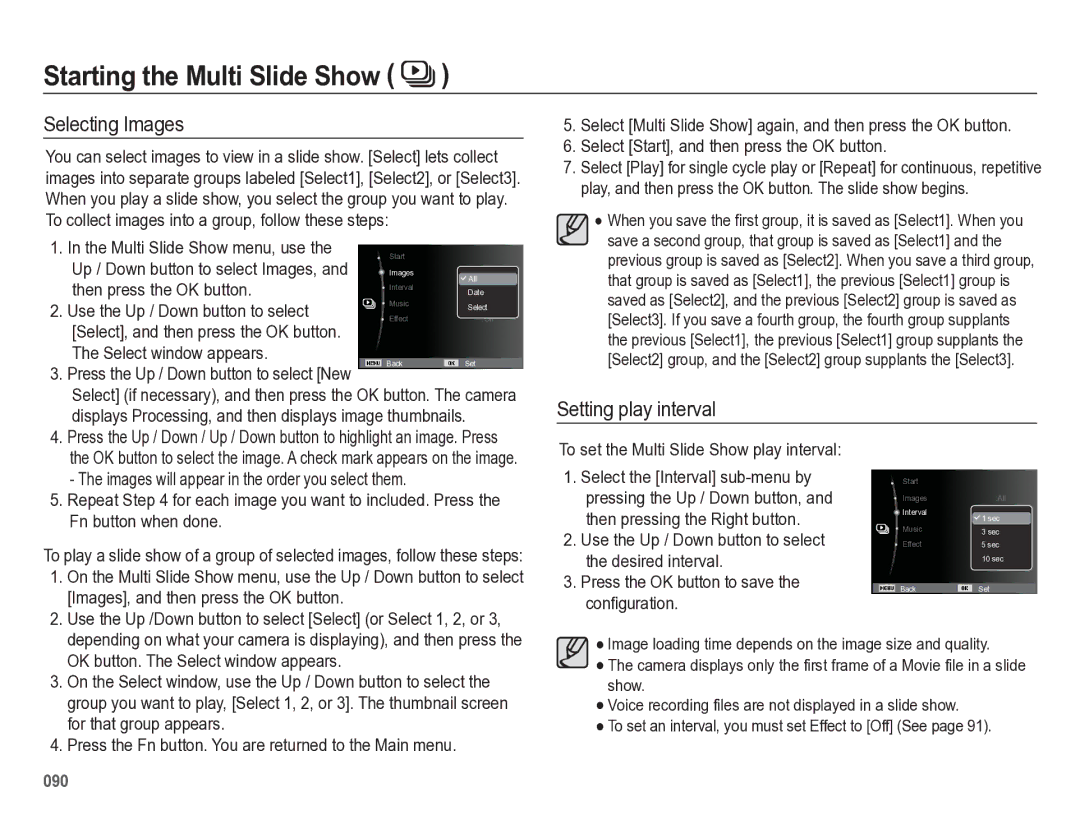 Samsung HZ50W manual Selecting Images, Setting play interval 