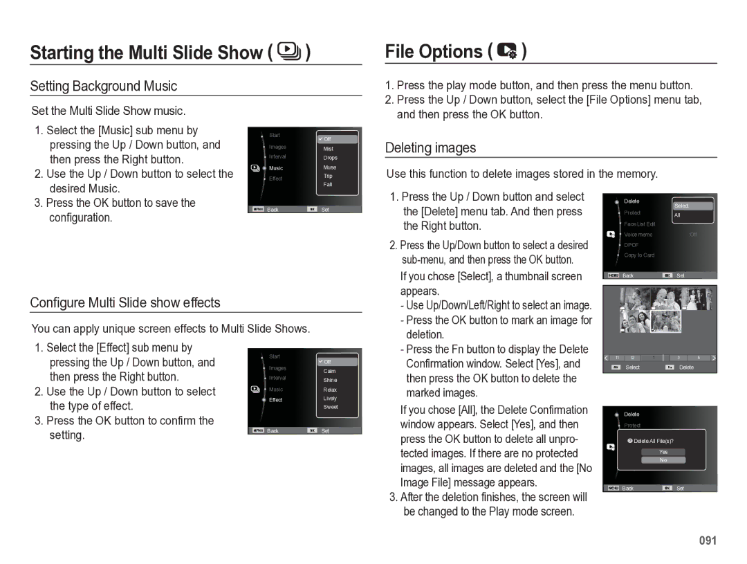 Samsung HZ50W manual File Options, Setting Background Music, Deleting images, Conﬁgure Multi Slide show effects 