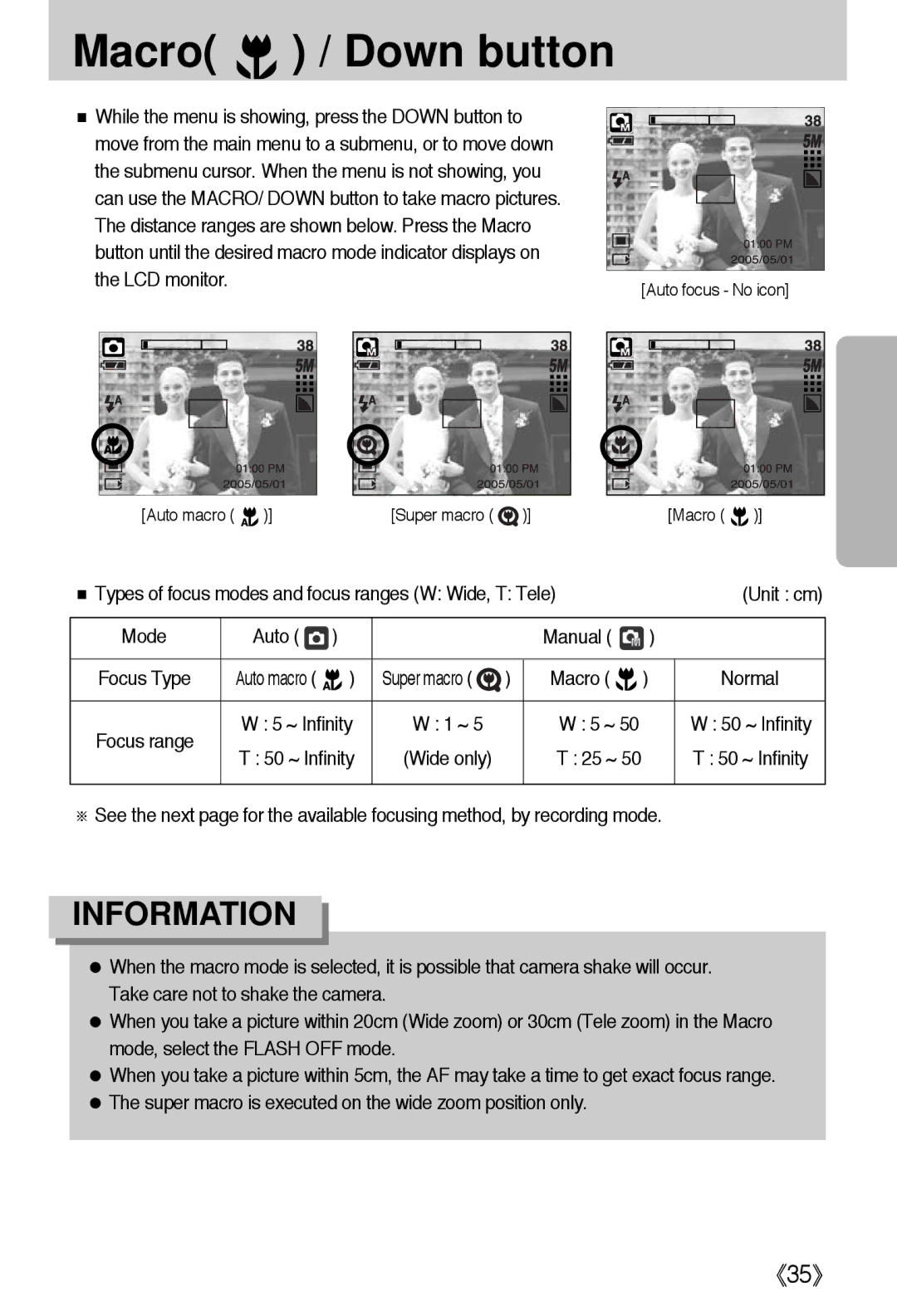 Samsung i5 user manual Macro / Down button 