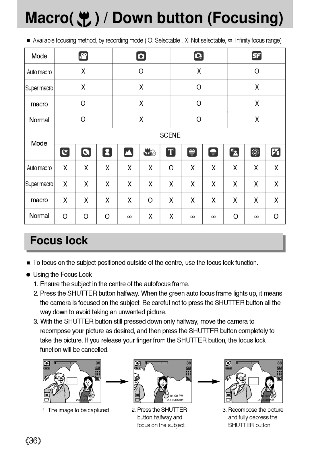 Samsung i5 user manual Macro / Down button Focusing, Focus lock 