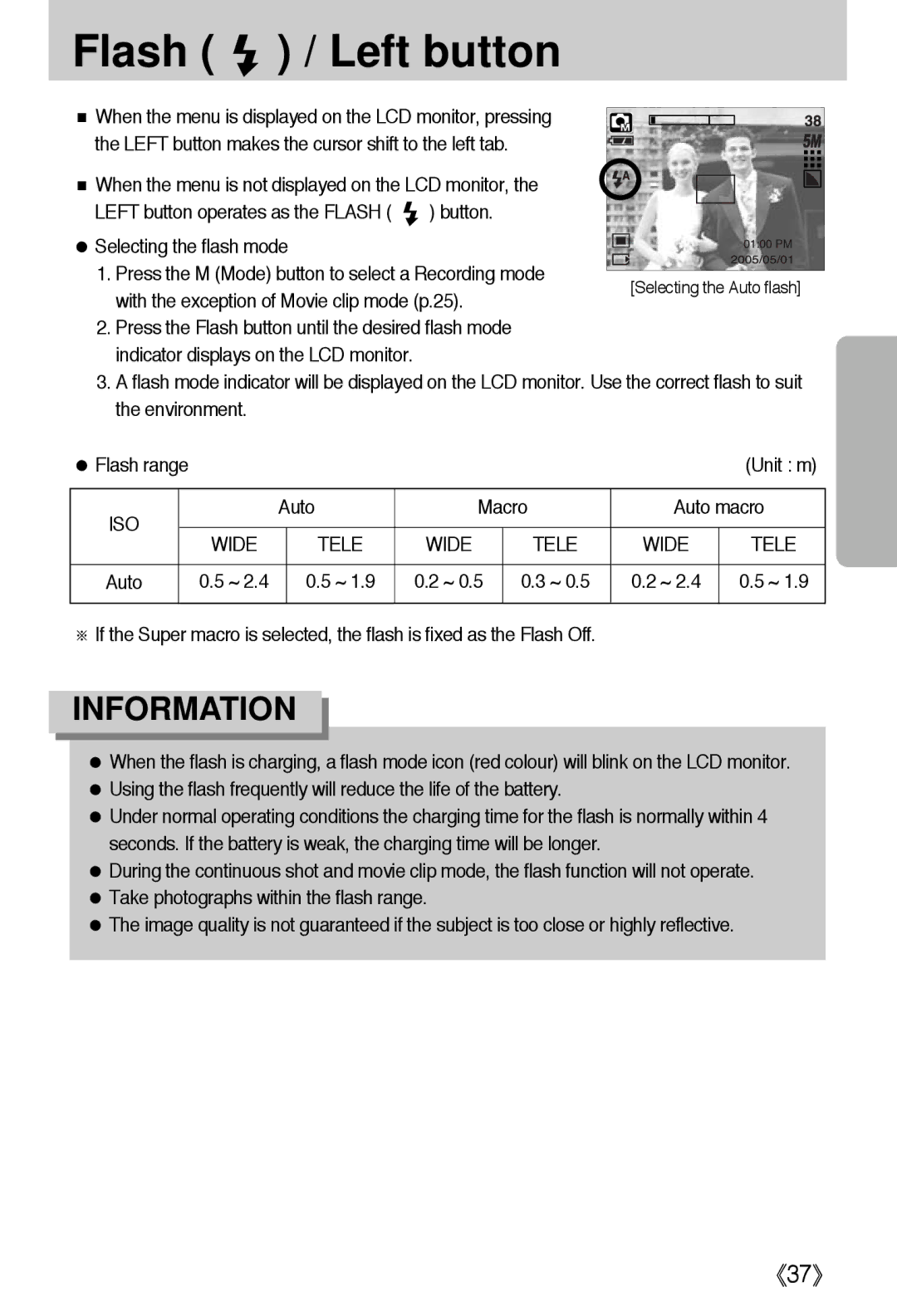 Samsung i5 user manual Flash / Left button, Selecting the flash mode, Unit m, Auto Macro Auto macro 