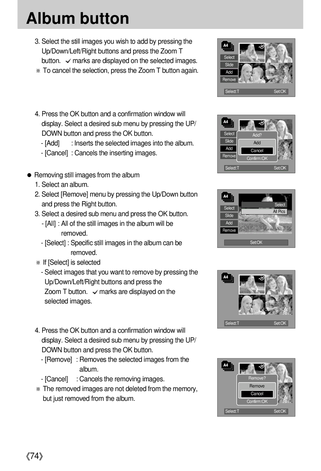 Samsung i5 user manual Add, Zoom T button. marks are displayed on the selected images 