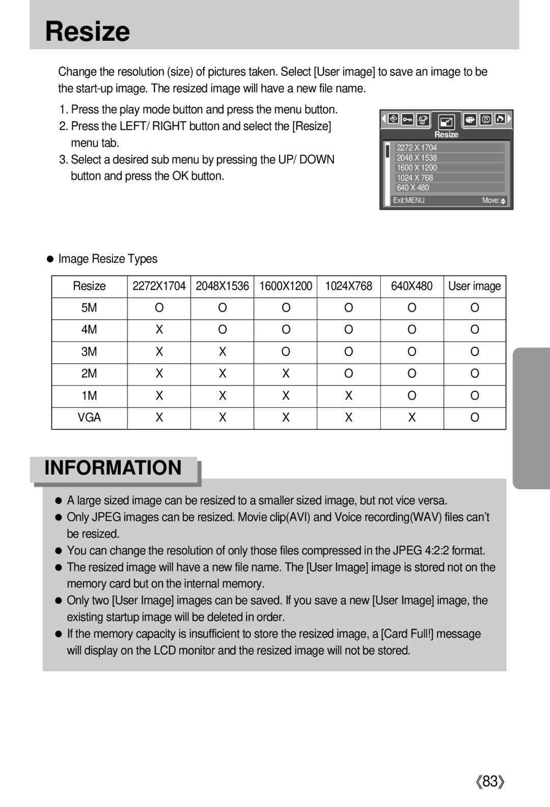 Samsung i5 user manual Image Resize Types, 1024X768 640X480 