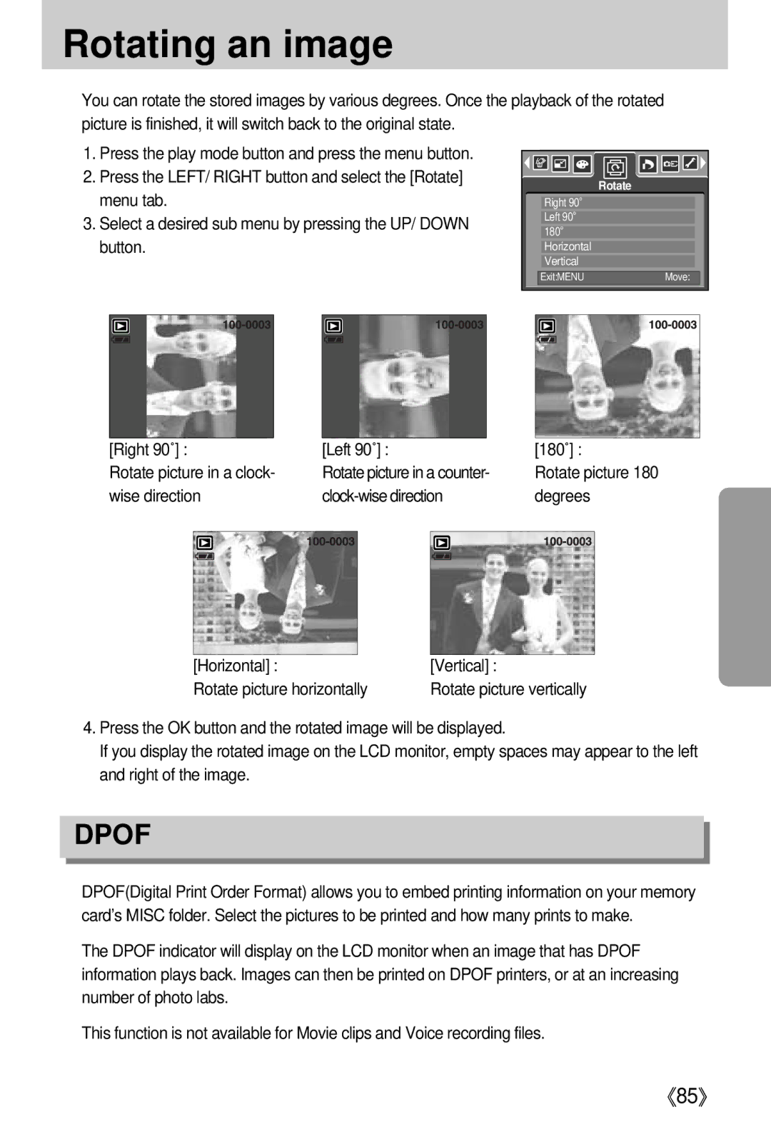 Samsung i5 user manual Rotating an image, Dpof 