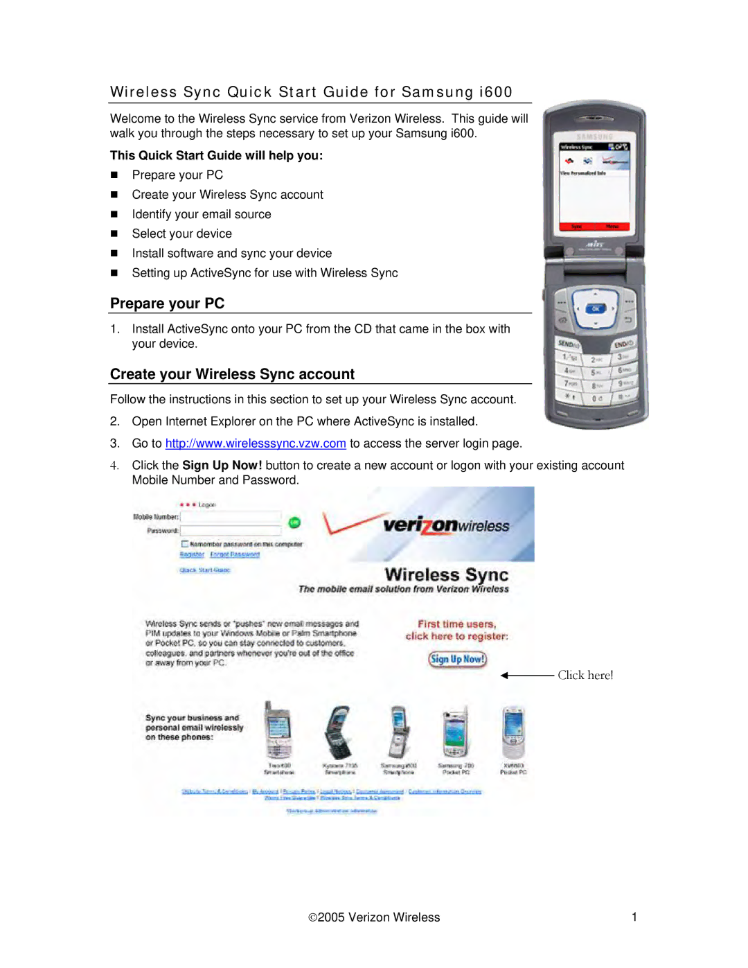 Samsung I600 quick start Wireless Sync Quick Start Guide for Samsung, Prepare your PC, Create your Wireless Sync account 