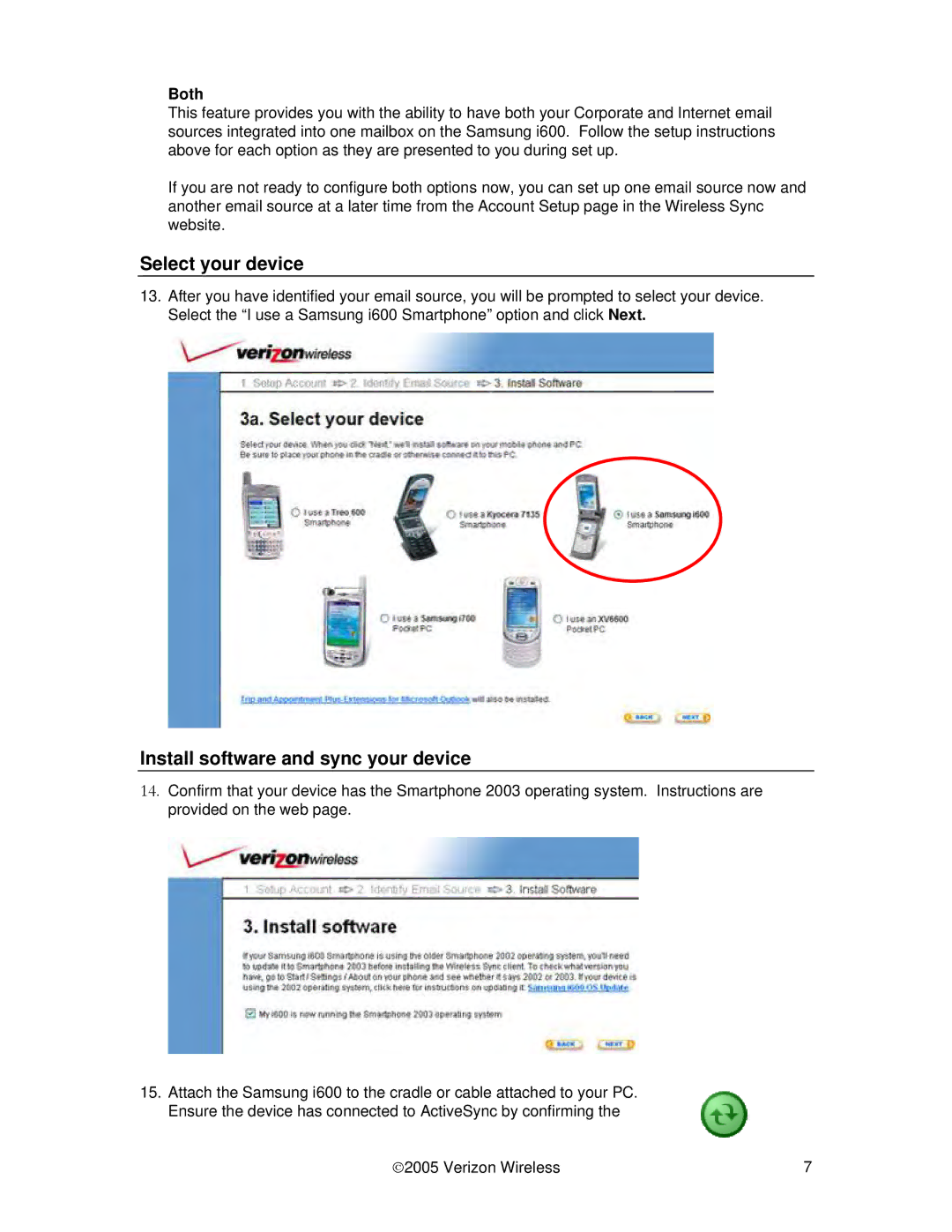 Samsung I600 quick start Select your device, Install software and sync your device, Both 