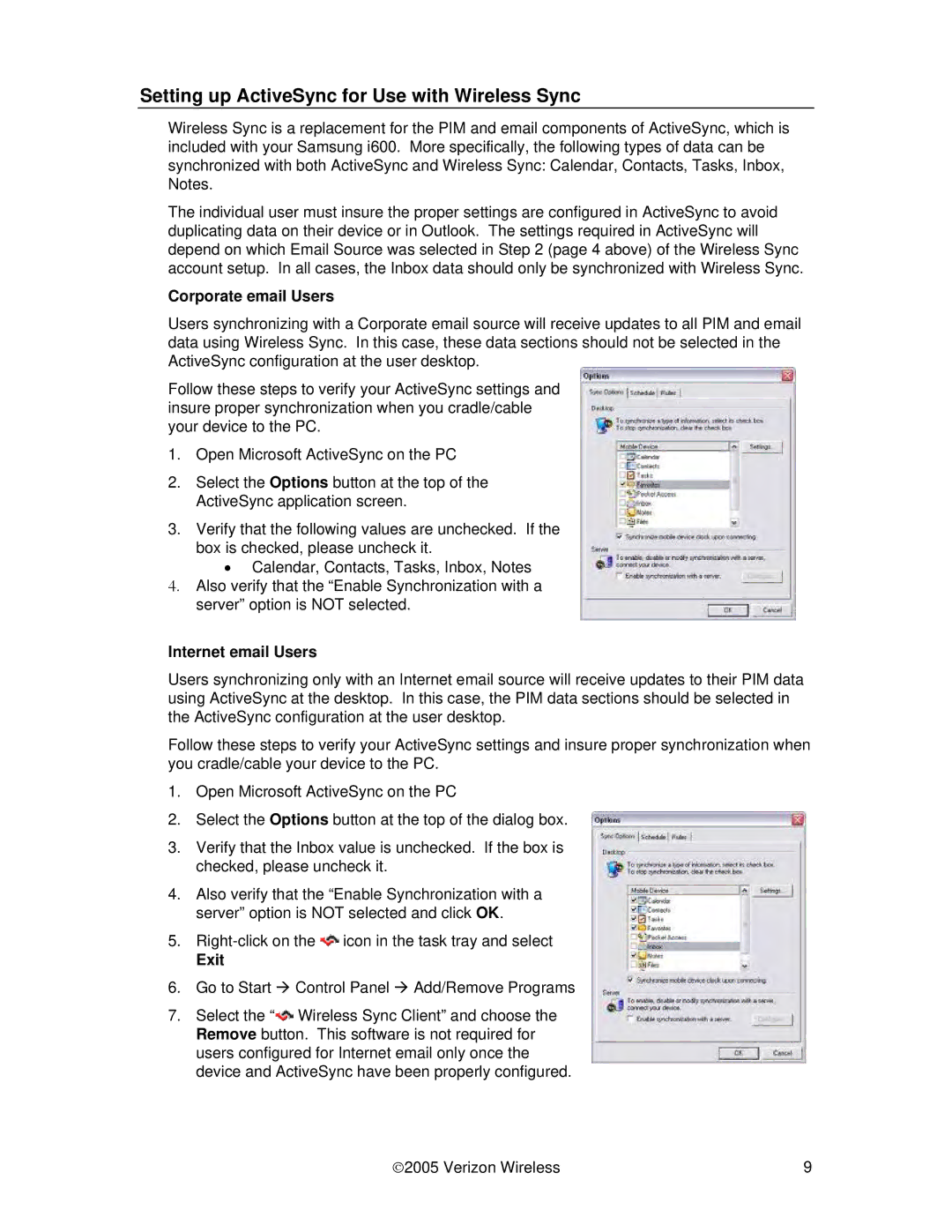 Samsung I600 Setting up ActiveSync for Use with Wireless Sync, Corporate email Users, Internet email Users, Exit 