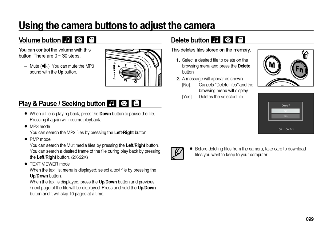 Samsung i8 Using the camera buttons to adjust the camera, Volume button, Play & Pause / Seeking button, Delete button 
