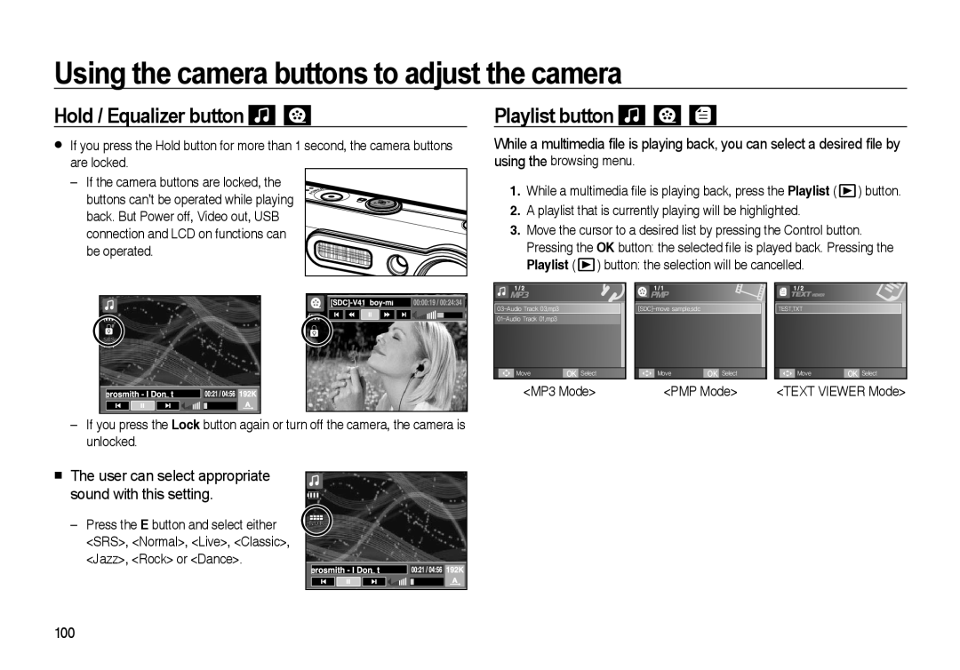 Samsung i8 Hold / Equalizer button, Playlist button, Using the camera buttons to adjust the camera, MP3 Mode, PMP Mode 