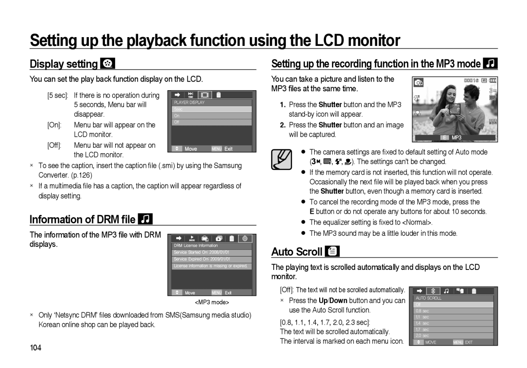 Samsung i8 manual Display setting, Information of DRM ﬁle, Auto Scroll, Setting up the recording function in the MP3 mode 
