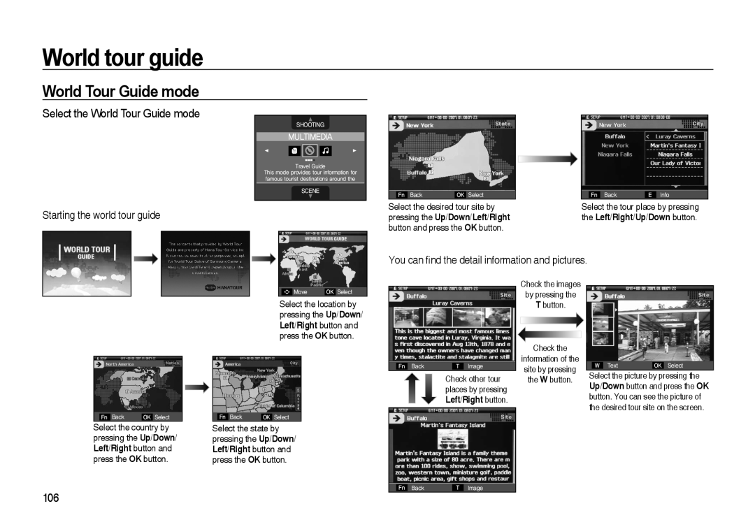 Samsung i8 manual Select the World Tour Guide mode, World tour guide, the Left/Right/Up/Down button, Multimedia 