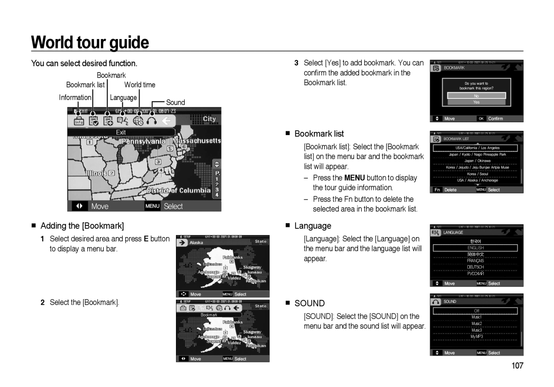 Samsung i8 You can select desired function, Bookmark list, Adding the Bookmark, Language, Sound, World tour guide, Move 