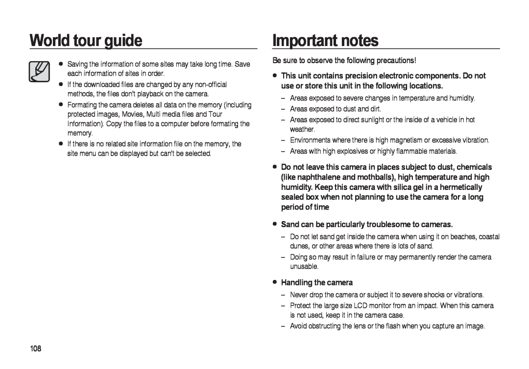 Samsung i8 Important notes, Be sure to observe the following precautions, Sand can be particularly troublesome to cameras 