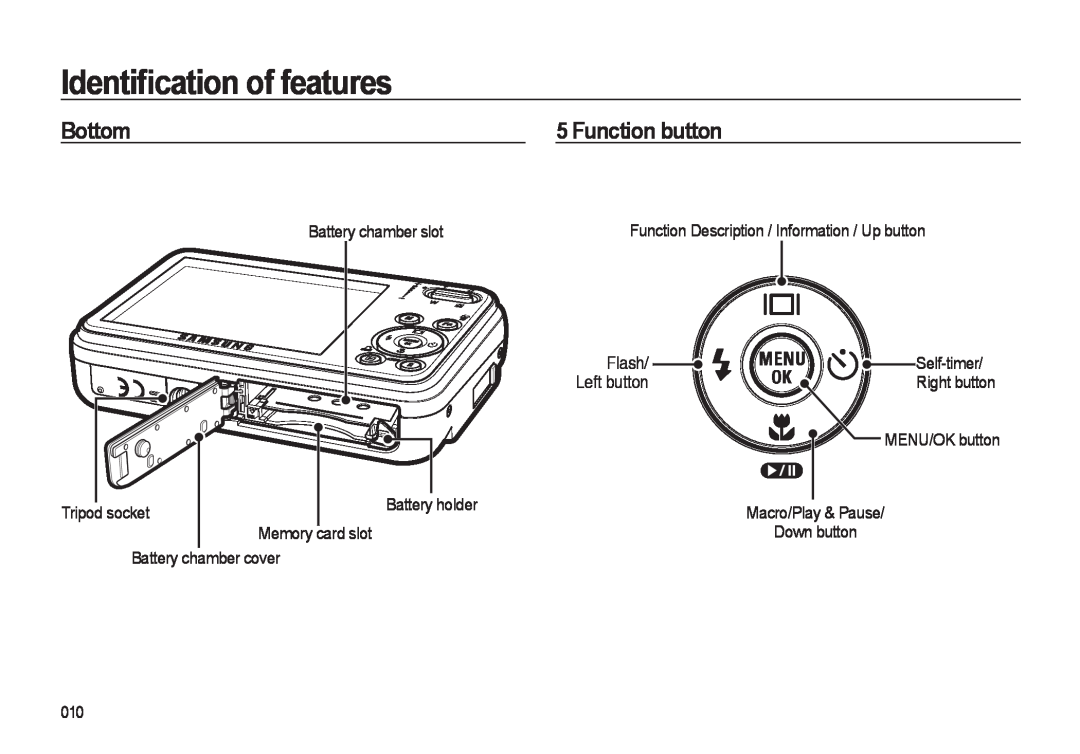 Samsung i8 manual Bottom, Function button, Battery chamber slot, Function Description / Information / Up button, Flash 