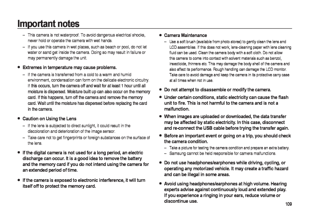 Samsung i8 Extremes in temperature may cause problems, Caution on Using the Lens, Camera Maintenance, discontinue use 