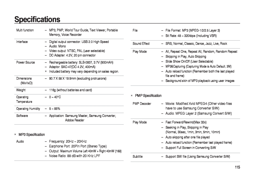 Samsung i8 manual MP3 Speciﬁcation, PMP Speciﬁcation, Speciﬁcations 