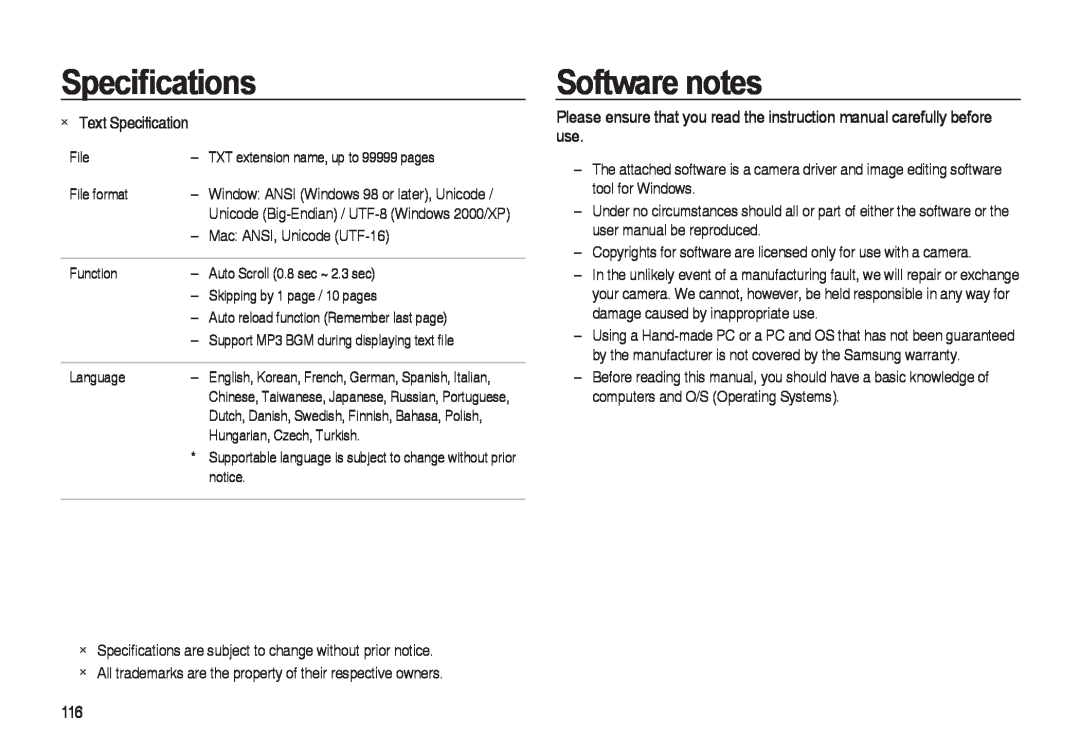 Samsung i8 manual Software notes, Text Speciﬁcation, Speciﬁcations 