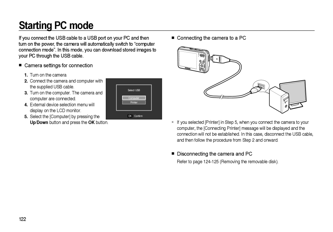 Samsung i8 manual Starting PC mode, Connecting the camera to a PC, Camera settings for connection 