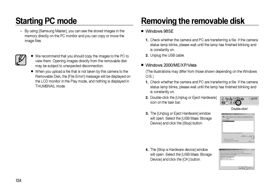 Samsung i8 manual Removing the removable disk, Windows 98SE, Windows 2000/ME/XP/Vista, Starting PC mode 