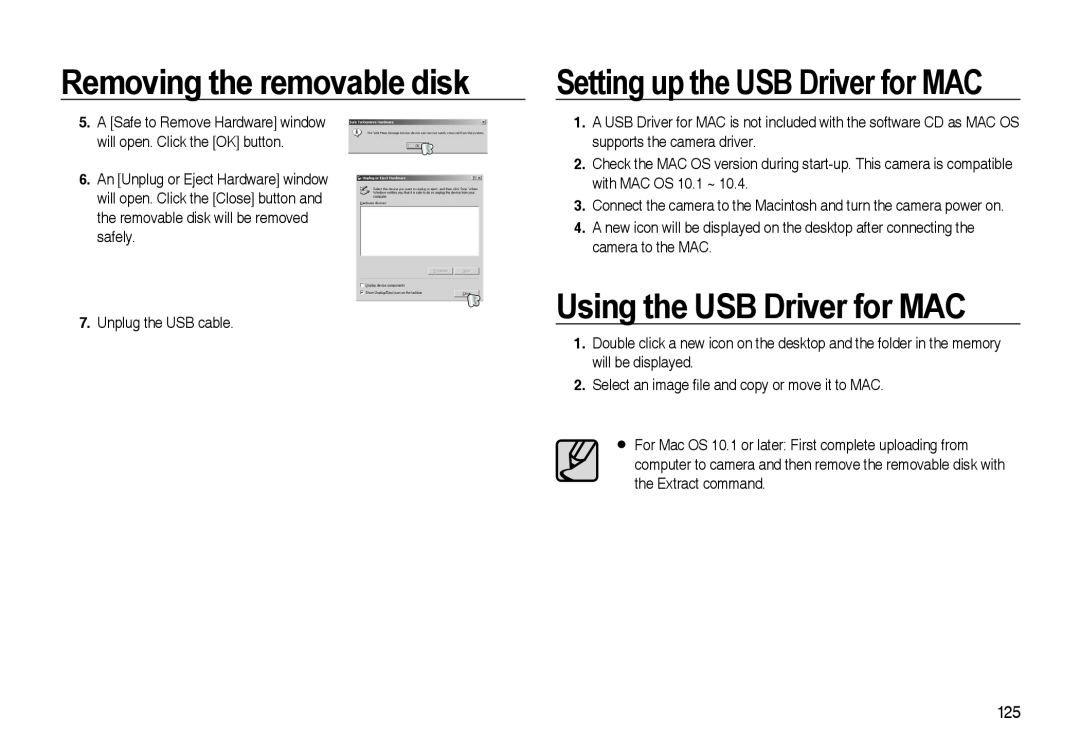 Samsung i8 manual Using the USB Driver for MAC, Setting up the USB Driver for MAC, Removing the removable disk 