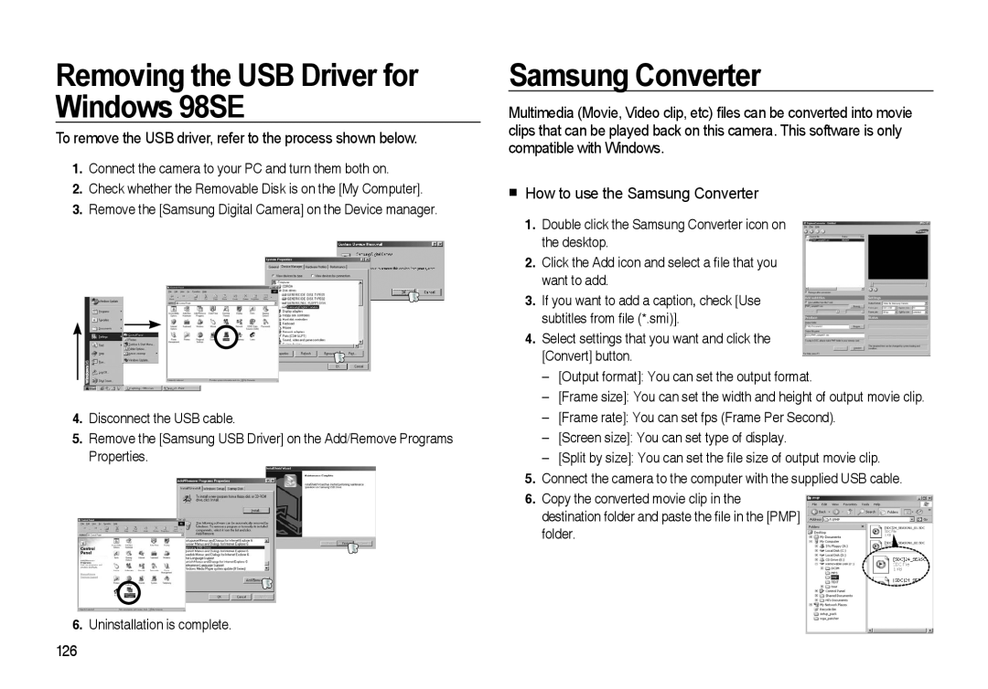 Samsung i8 manual Removing the USB Driver for Windows 98SE, How to use the Samsung Converter 