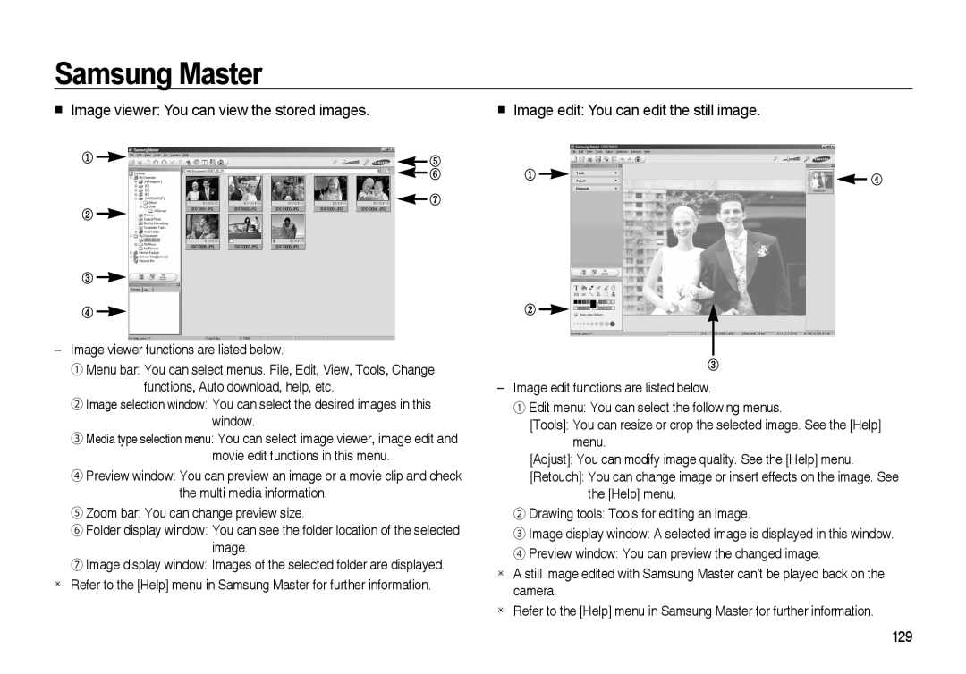 Samsung i8 manual Image viewer You can view the stored images, Samsung Master, Image edit You can edit the still image 