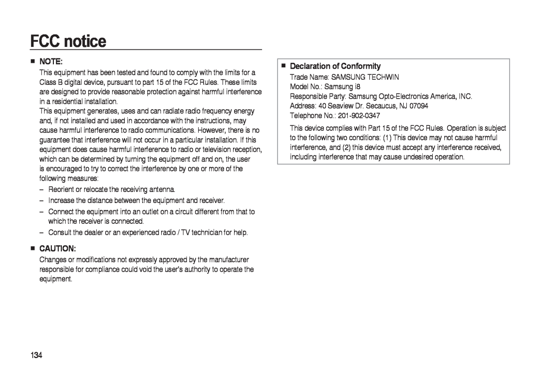 Samsung i8 manual FCC notice, Declaration of Conformity 