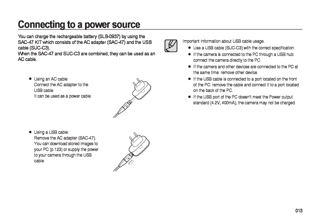 Samsung i8 manual Connecting to a power source, Using an AC cable Connect the AC adapter to the USB cable 