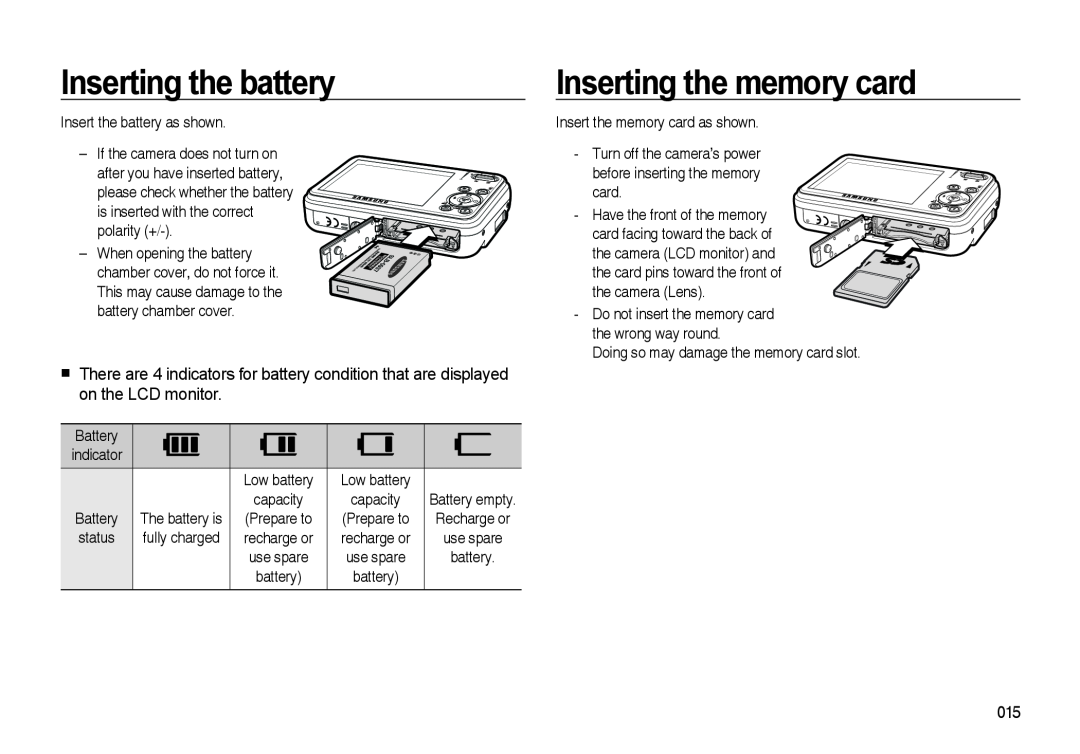 Samsung i8 manual Inserting the battery, Inserting the memory card 