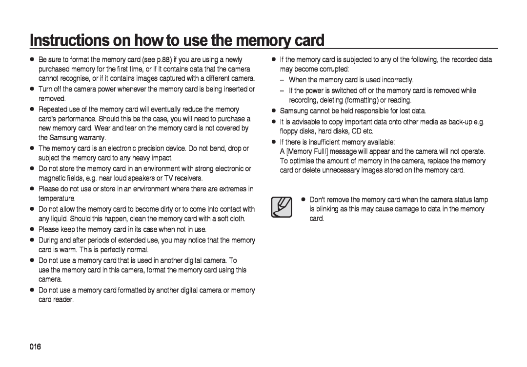 Samsung i8 manual Instructions on how to use the memory card 