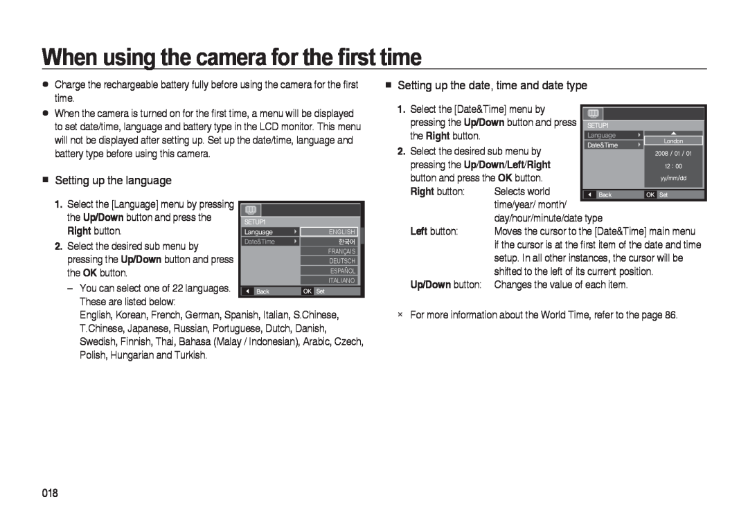 Samsung i8 manual When using the camera for the ﬁrst time, Setting up the language, Setting up the date, time and date type 