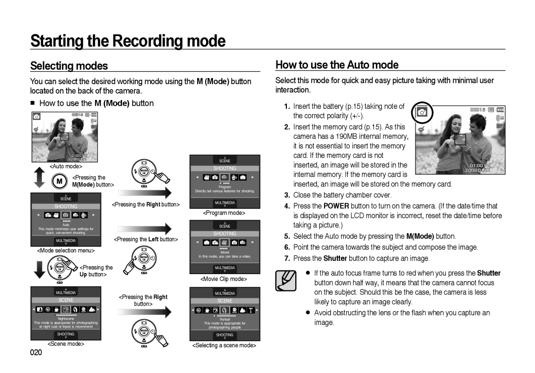 Samsung i8 manual Starting the Recording mode, Selecting modes, How to use the Auto mode 