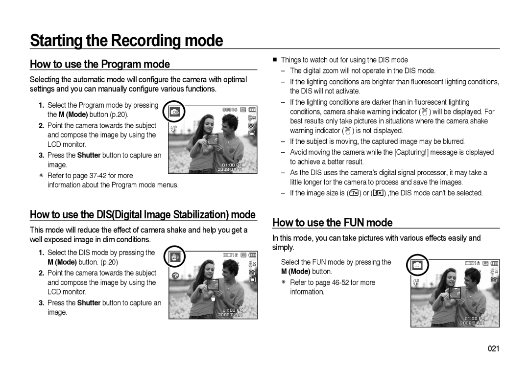 Samsung i8 manual How to use the Program mode, How to use the FUN mode, How to use the DISDigital Image Stabilization mode 