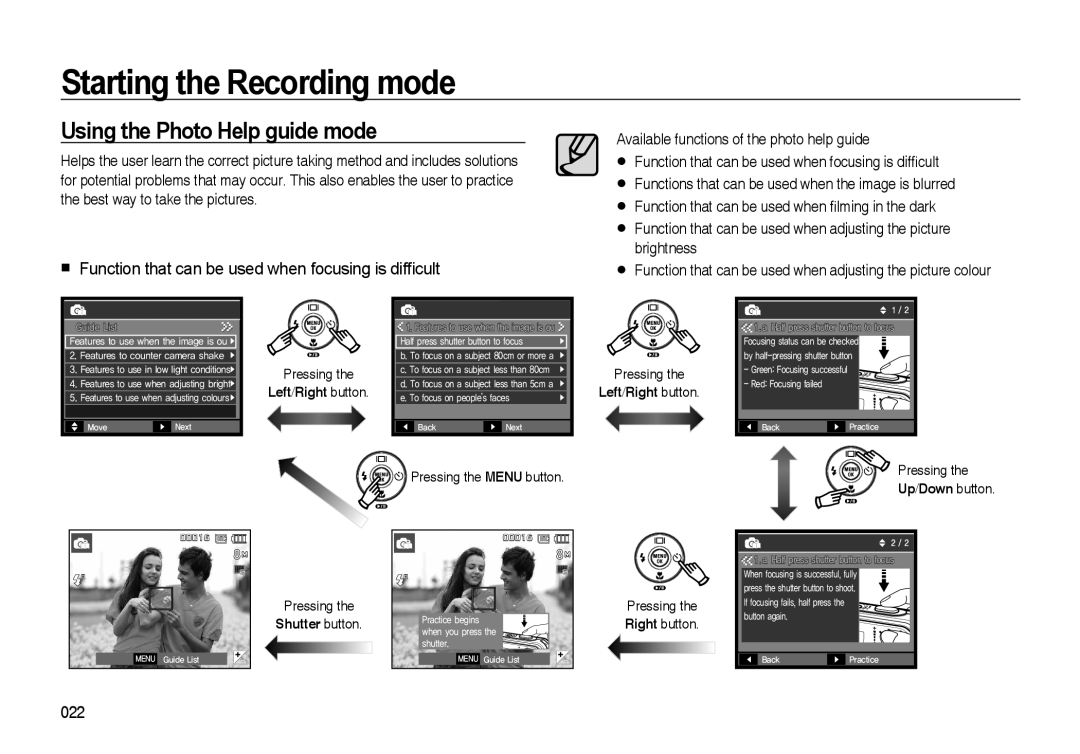 Samsung i8 manual Using the Photo Help guide mode, Function that can be used when focusing is difﬁcult, 00016, Guide List 