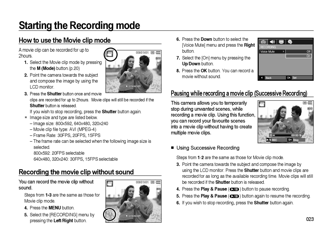 Samsung i8 How to use the Movie clip mode, Recording the movie clip without sound, 2hours, Using Successive Recording 