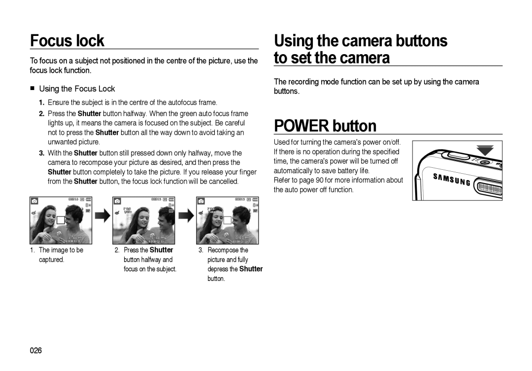 Samsung i8 manual Focus lock, POWER button, Using the camera buttons to set the camera, Using the Focus Lock 