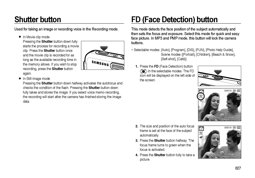 Samsung i8 manual Shutter button, FD Face Detection button 