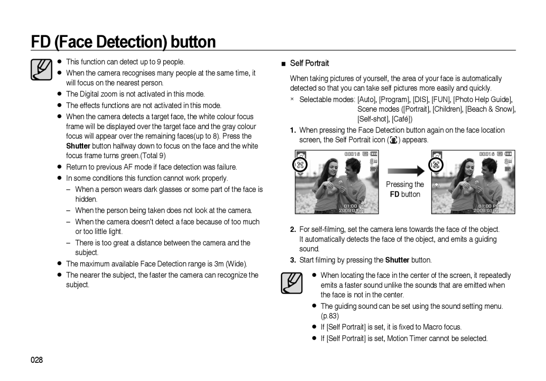 Samsung i8 manual Self Portrait, FD Face Detection button 