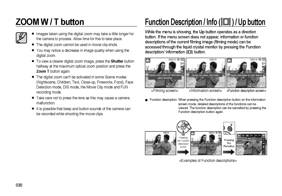 Samsung i8 manual ZOOM W / T button, Function Description / Info / Up button 
