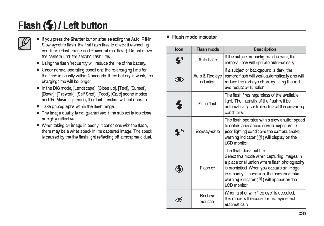 Samsung i8 manual Flash mode indicator, Flash / Left button 
